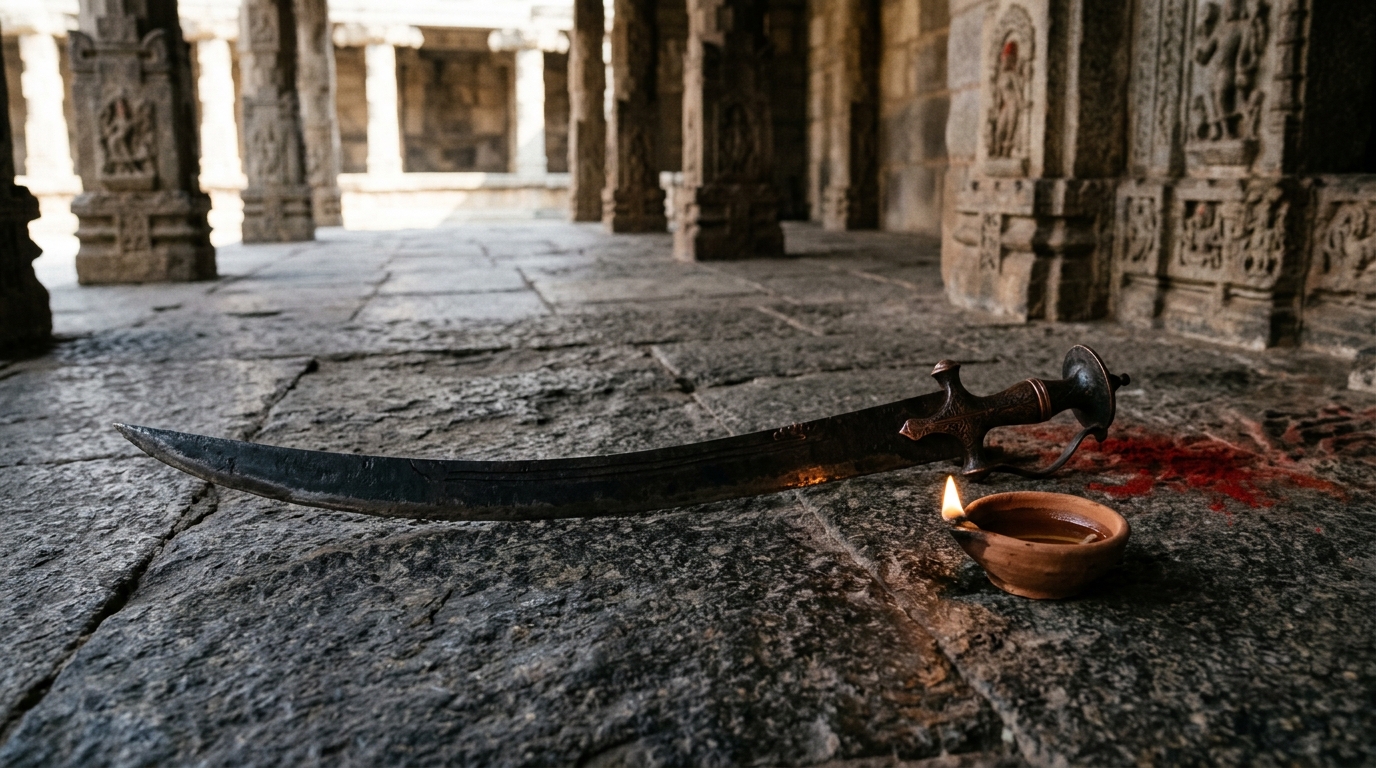 Consecrated offering and sacrificial blade in Hindu Shakta tradition.