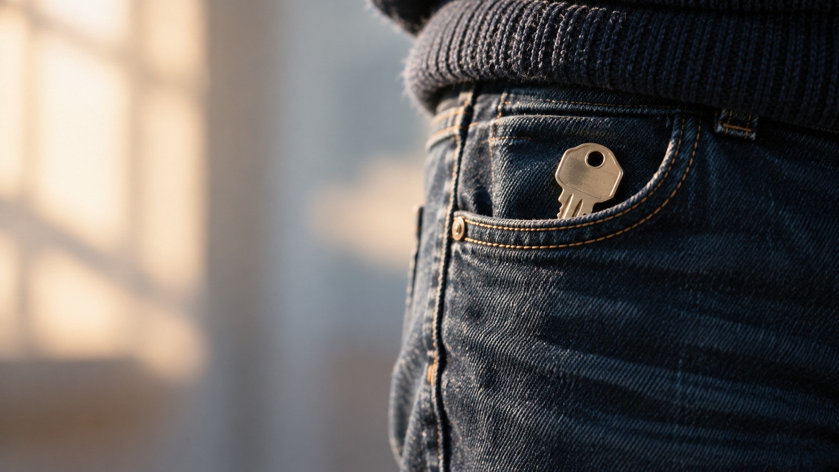A house key kept in a jeans pocket, illustrating the habit of removing an opportunity for error. AI-generated illustration.
