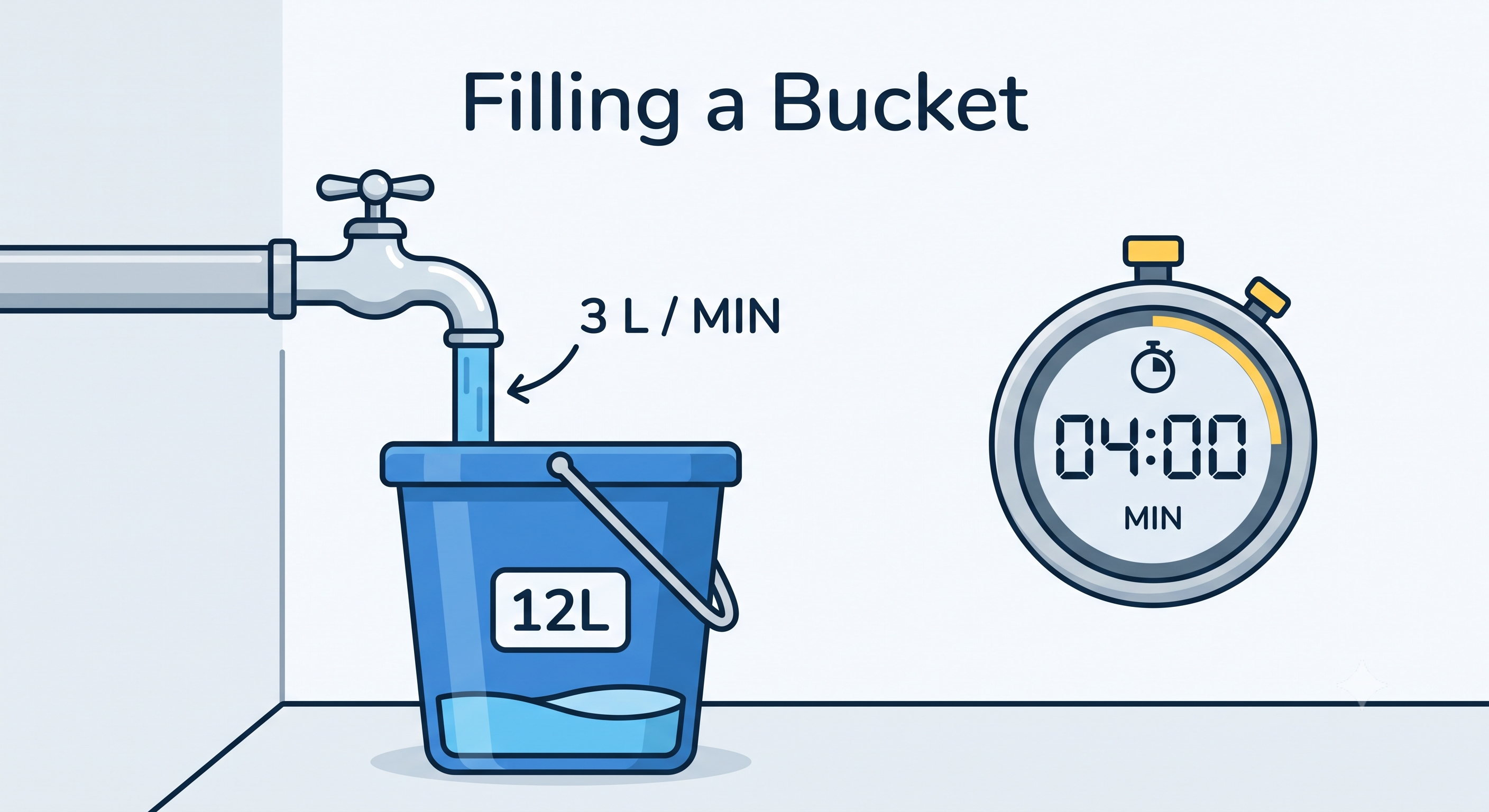 Image placeholder: a 12-litre bucket beneath a tap delivering 3 litres per minute, with a four-minute timer.